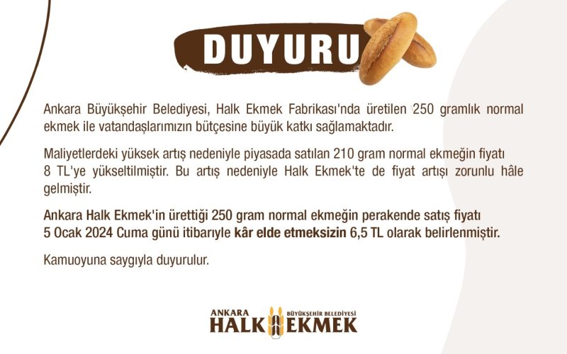 EKMEK FİYAT ARTIŞI DUYURUSU